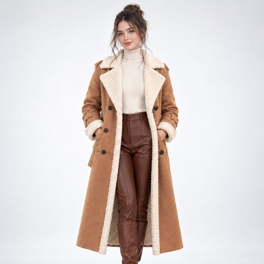 Winter Coat for Women, Long Double-Breasted Sherpa Coat 1