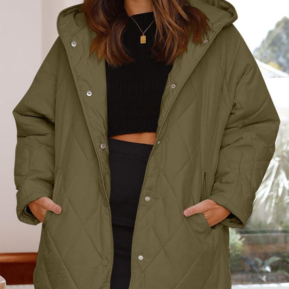 Quilted hooded jacket with pockets, front view