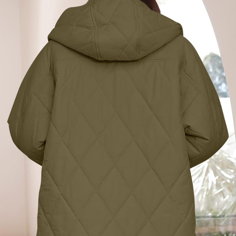 Quilted hooded jacket, back view with hood