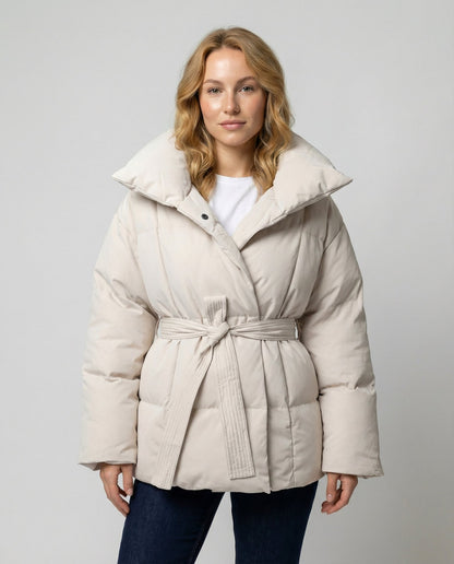 Women's beige fitted winter jacket with belt and stand collar