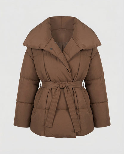 Brown fitted winter jacket with belt