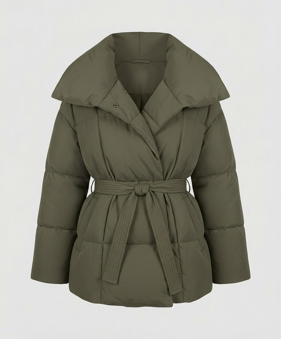 Green fitted winter jacket with belt