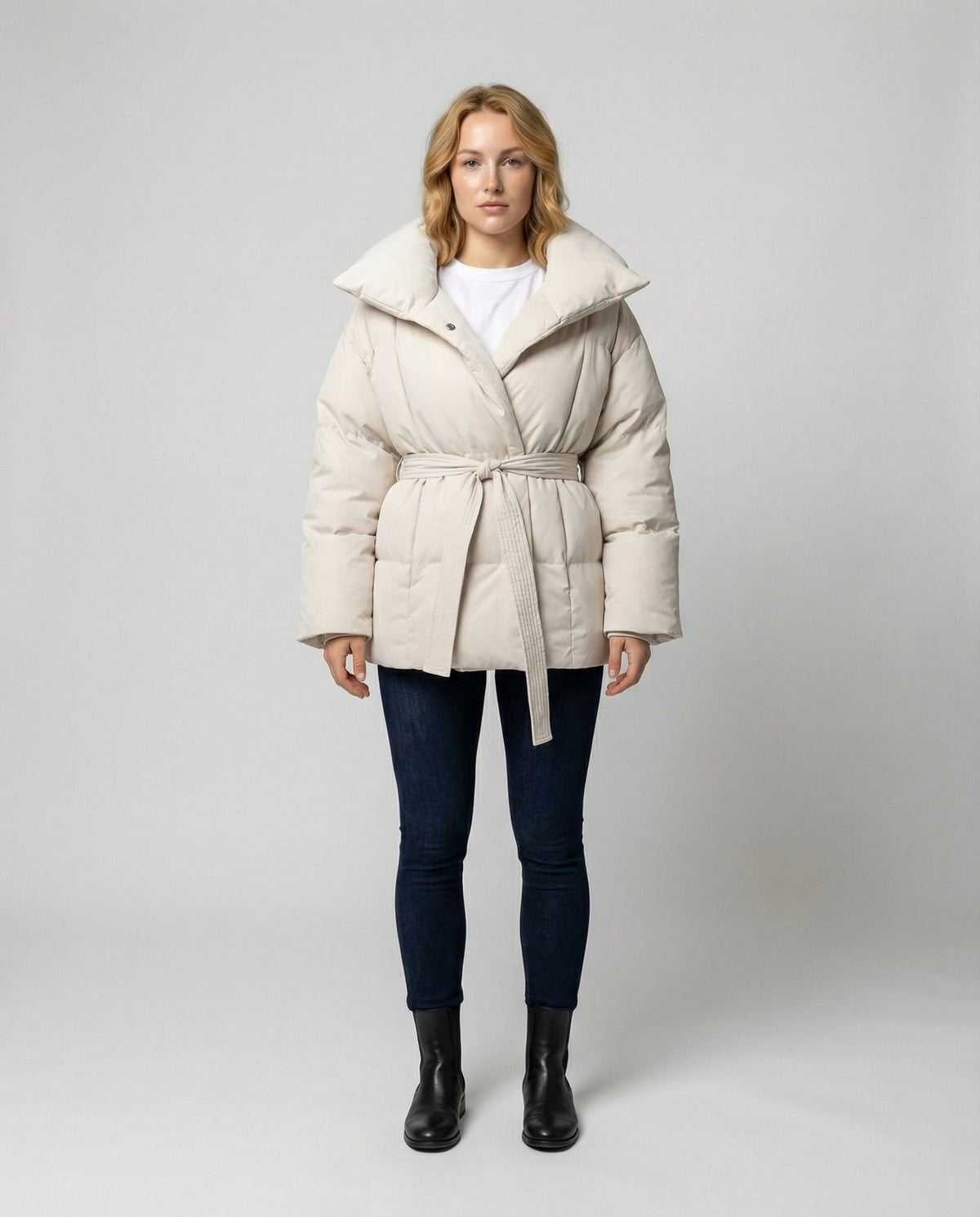 Beige fitted winter jacket with belt, full length front view