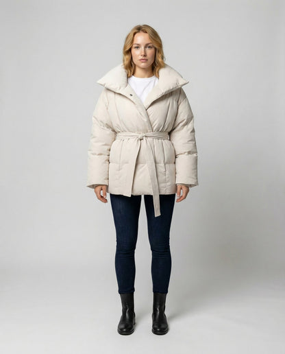 Beige fitted winter jacket with belt, full length front view