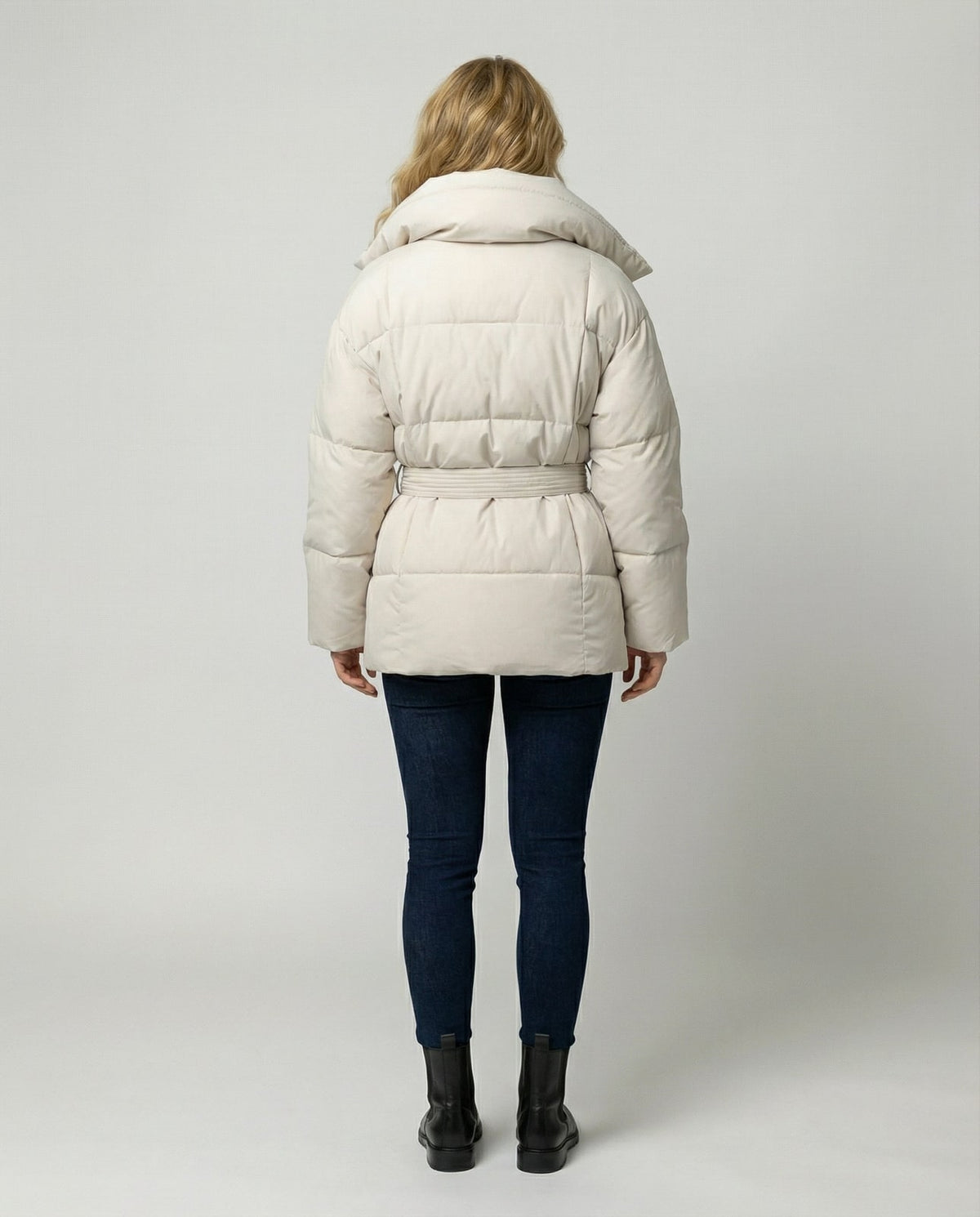 Beige fitted winter jacket, back view