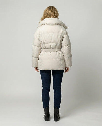 Beige fitted winter jacket, back view