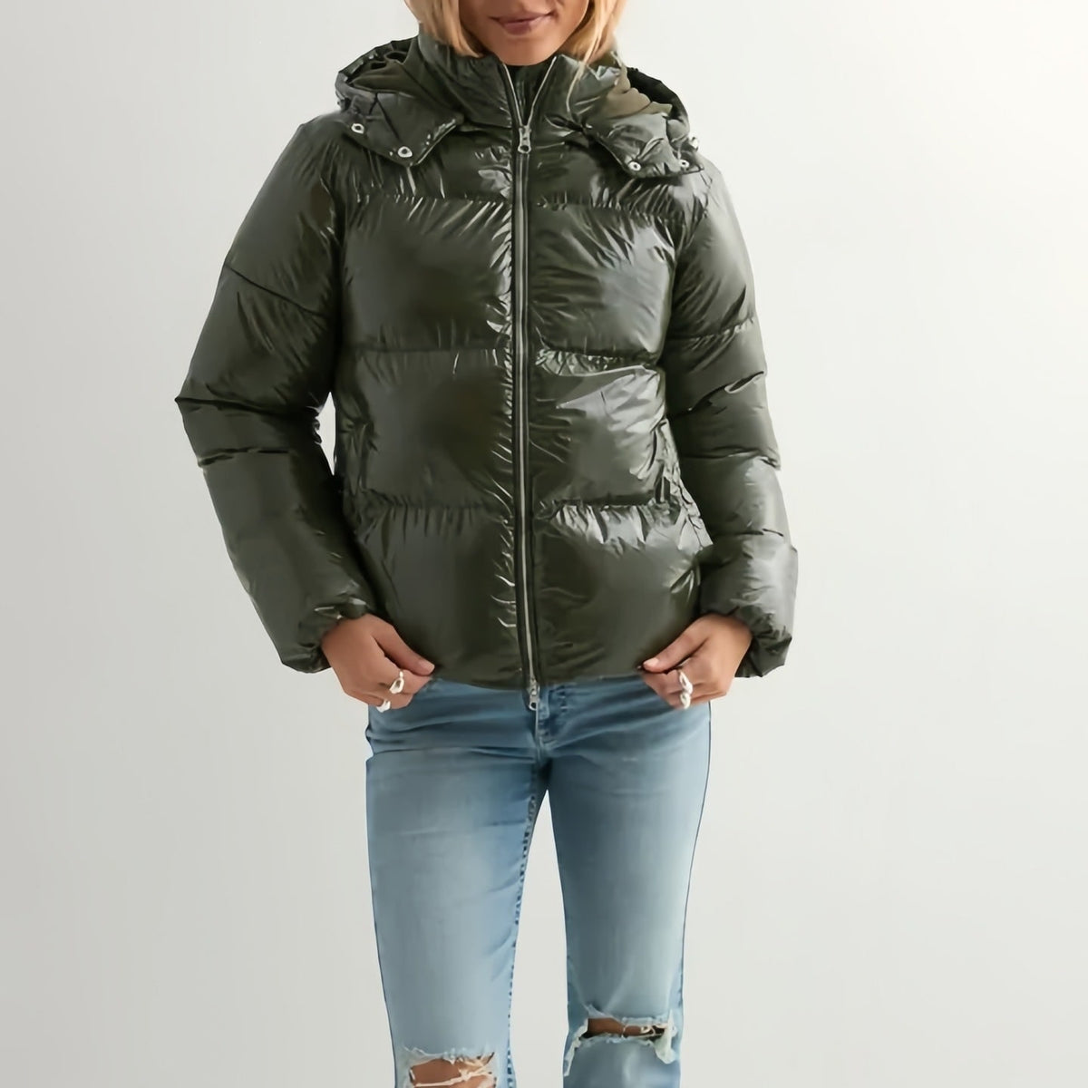 Women's olive green glossy puffer jacket with hood, front view