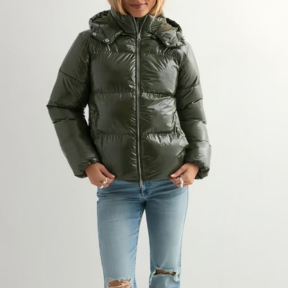 Women's olive green glossy puffer jacket with hood, front view