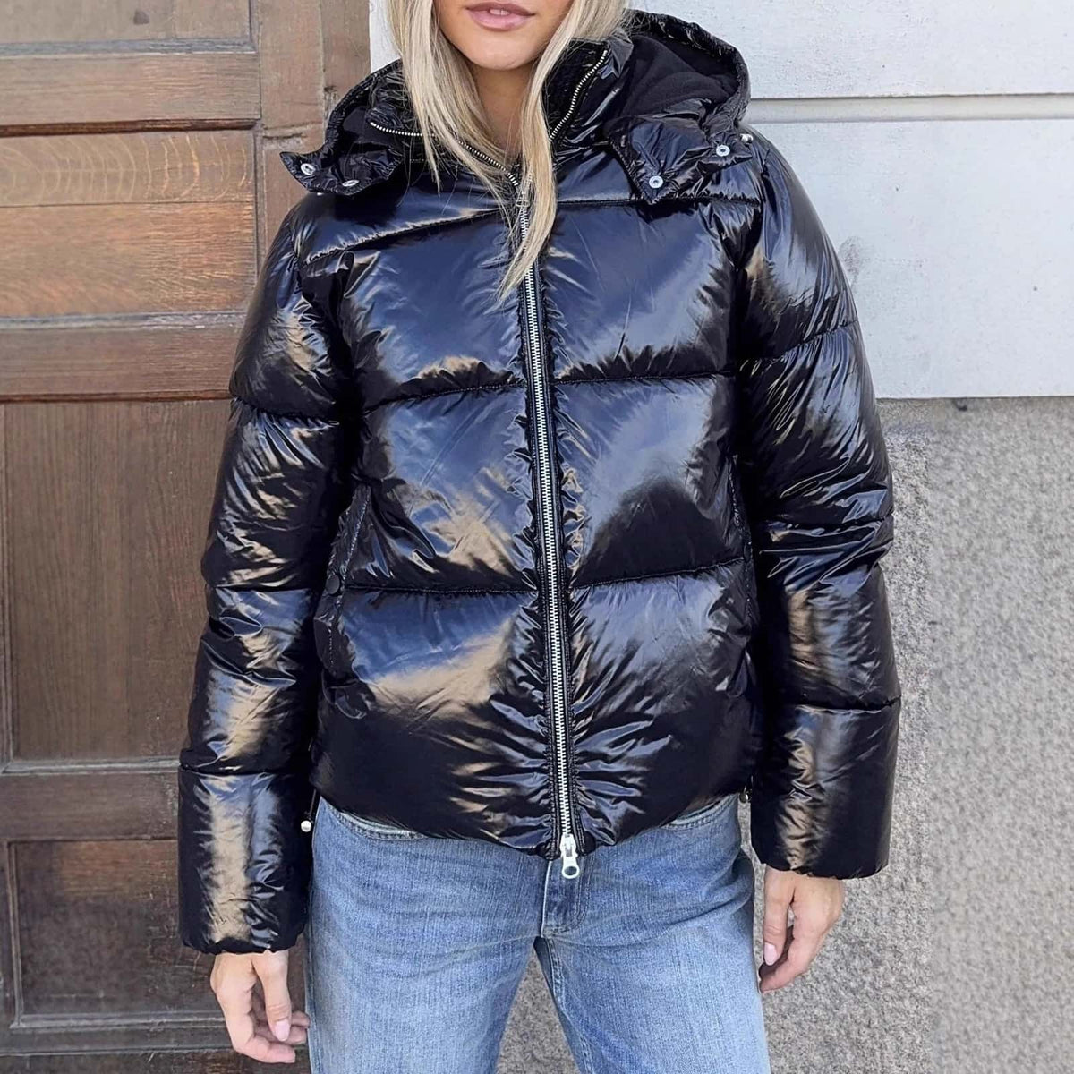 Women's black glossy puffer jacket with hood