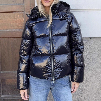 Women's black glossy puffer jacket with hood