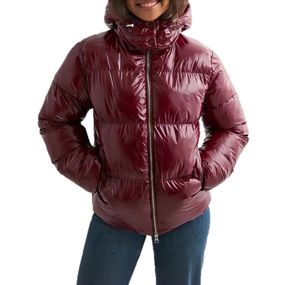 Women's red glossy puffer jacket with hood
