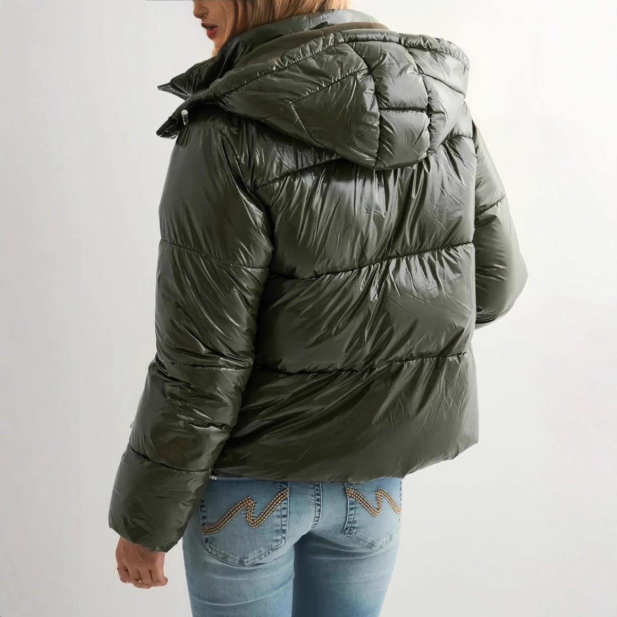 Olive green puffer jacket with hood, back view