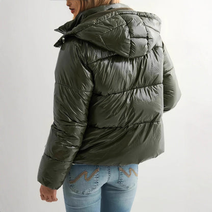 Olive green puffer jacket with hood, back view