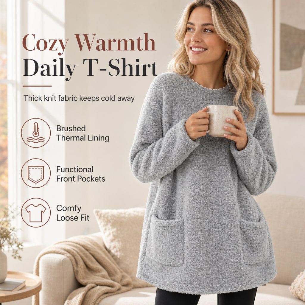 Grey fleece pullover with brushed thermal lining, front pockets and comfy loose fit