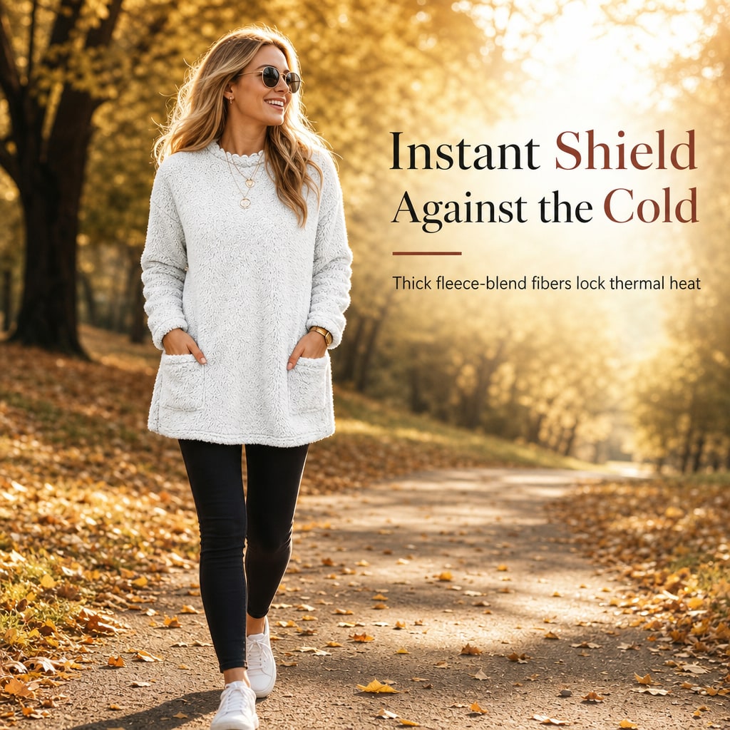 Woman in a white fleece pullover walking on an autumn path