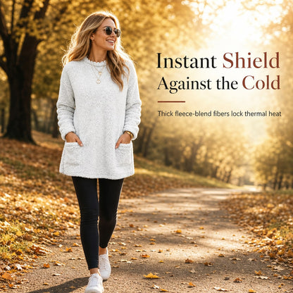 Woman in a white fleece pullover walking on an autumn path