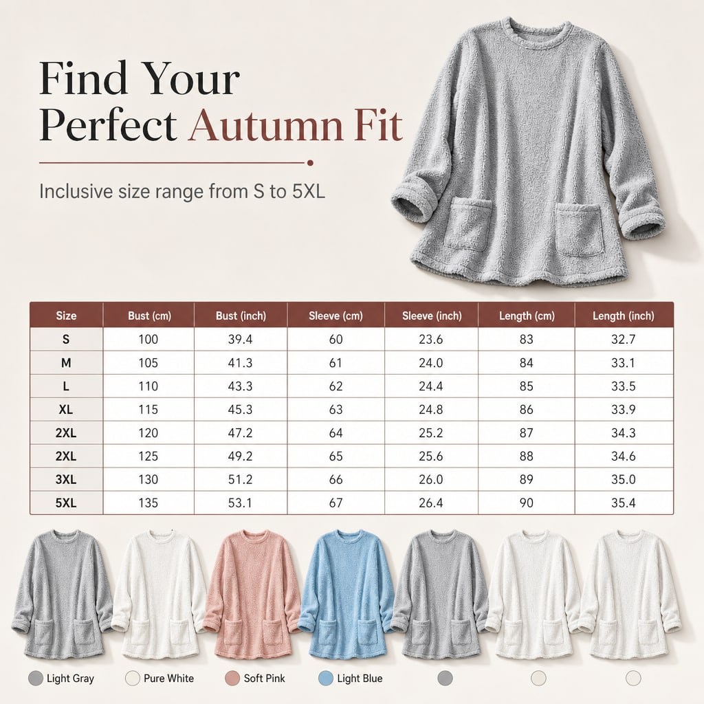 Size chart with measurements from S to 5XL and the seven colours