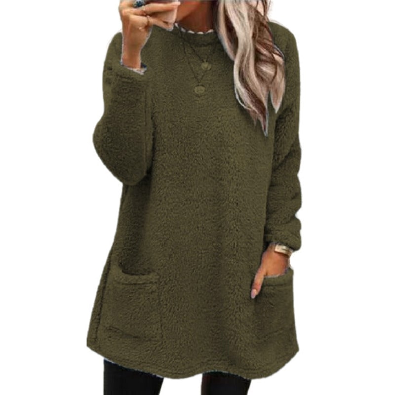 Women's olive green fleece pullover with front pockets