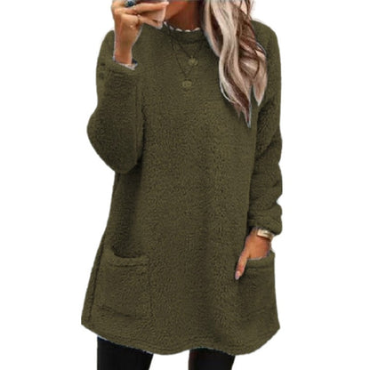 Women's olive green fleece pullover with front pockets