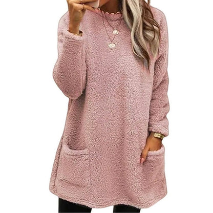 Women's pink fleece pullover with front pockets