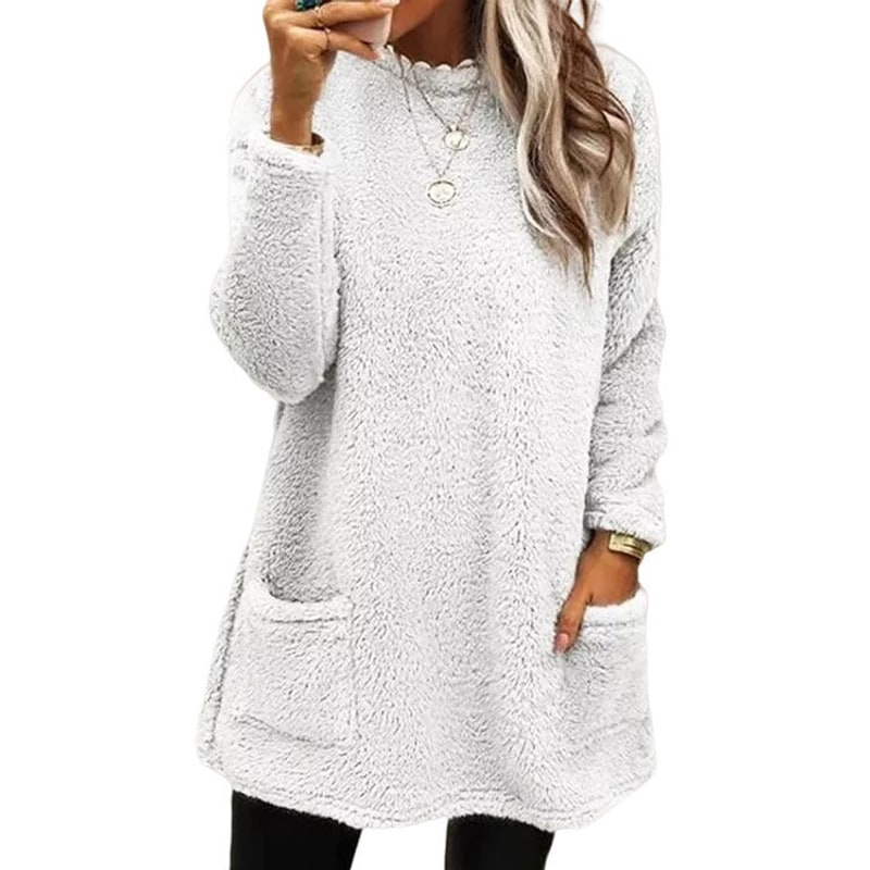 Women's white fleece pullover with front pockets