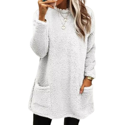 Women's white fleece pullover with front pockets