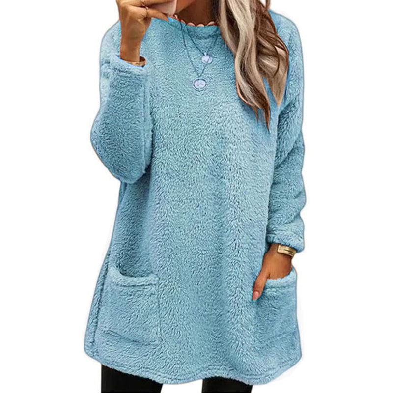Women's light blue fleece pullover with front pockets