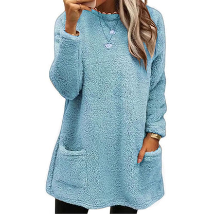 Women's light blue fleece pullover with front pockets