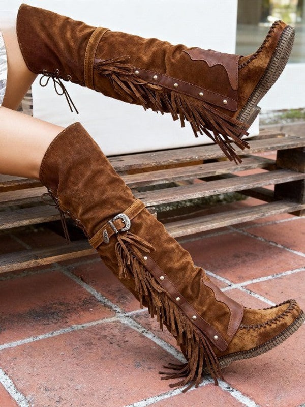 Women Boots, Flat High Boots with Tassels, Fur Lining 1