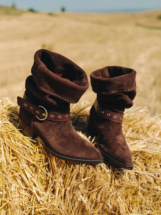 Women Boots, Winter Leather Slouch Boots with Buckle Strap 1