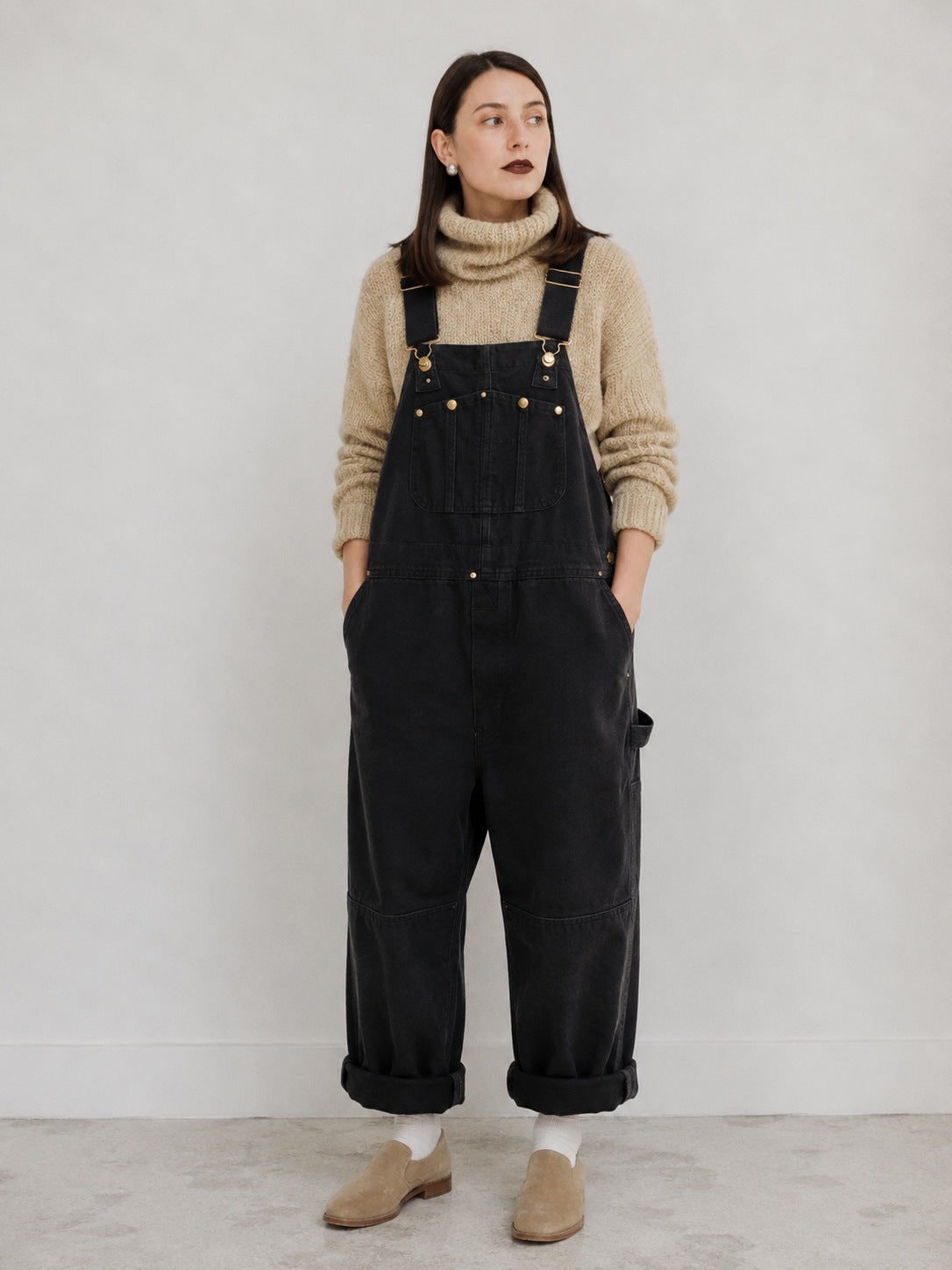 Black canvas bib overalls