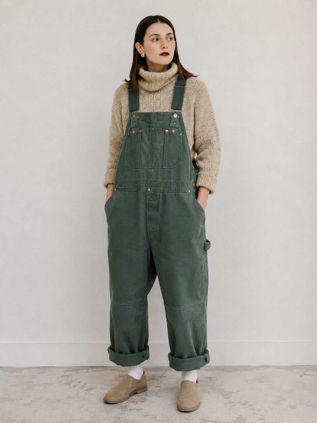 Green canvas bib overalls