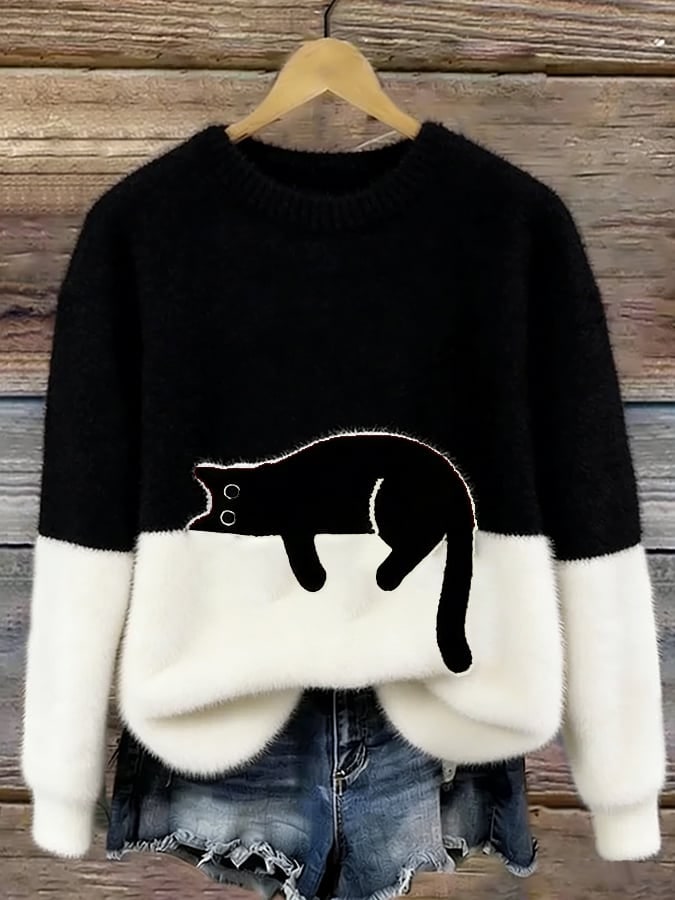 Black cat print sweater