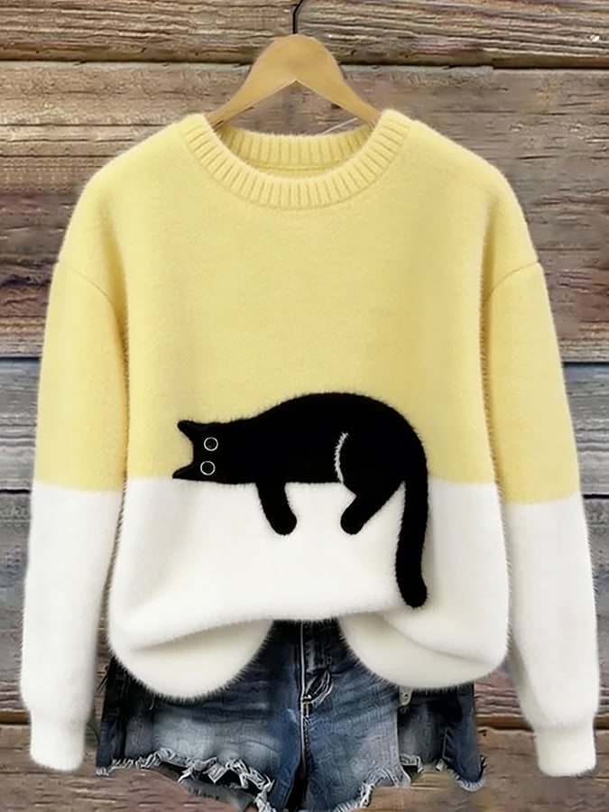Yellow cat print sweater