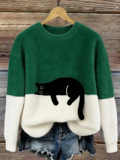 Green cat print sweater