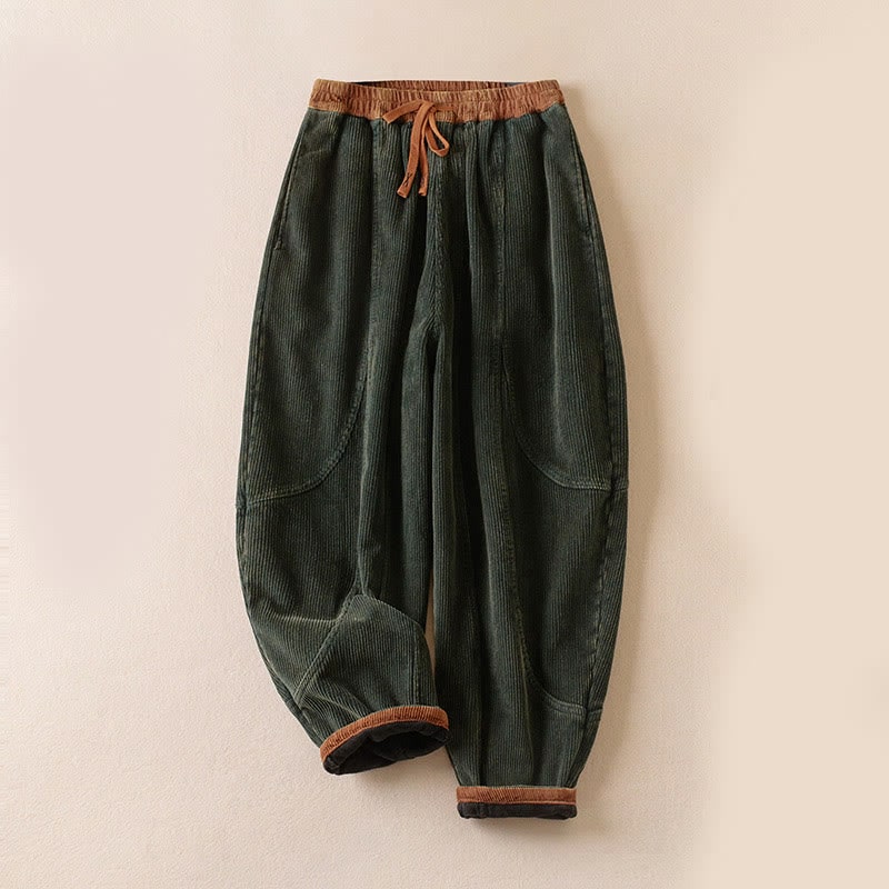 Forest green corduroy harem pants, front view