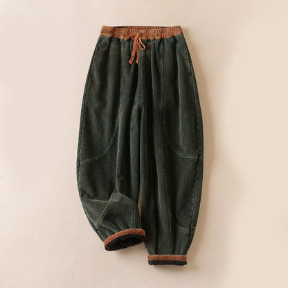Forest green corduroy harem pants, front view
