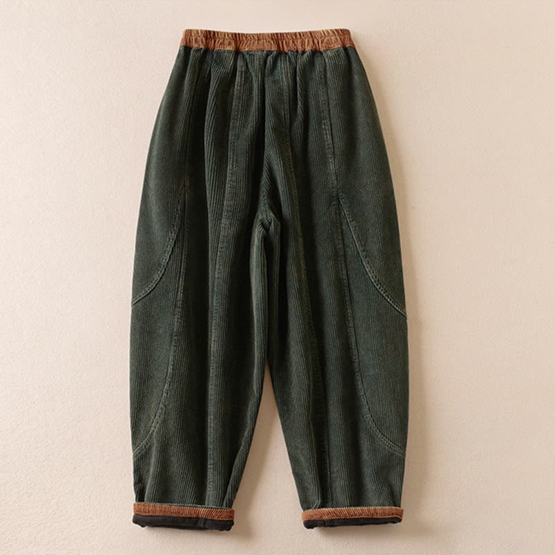 Forest green corduroy harem pants, side view