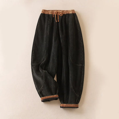 Black corduroy harem pants, front view