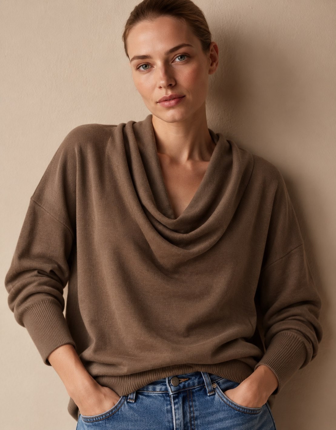 Brown cowl neck sweater, front view