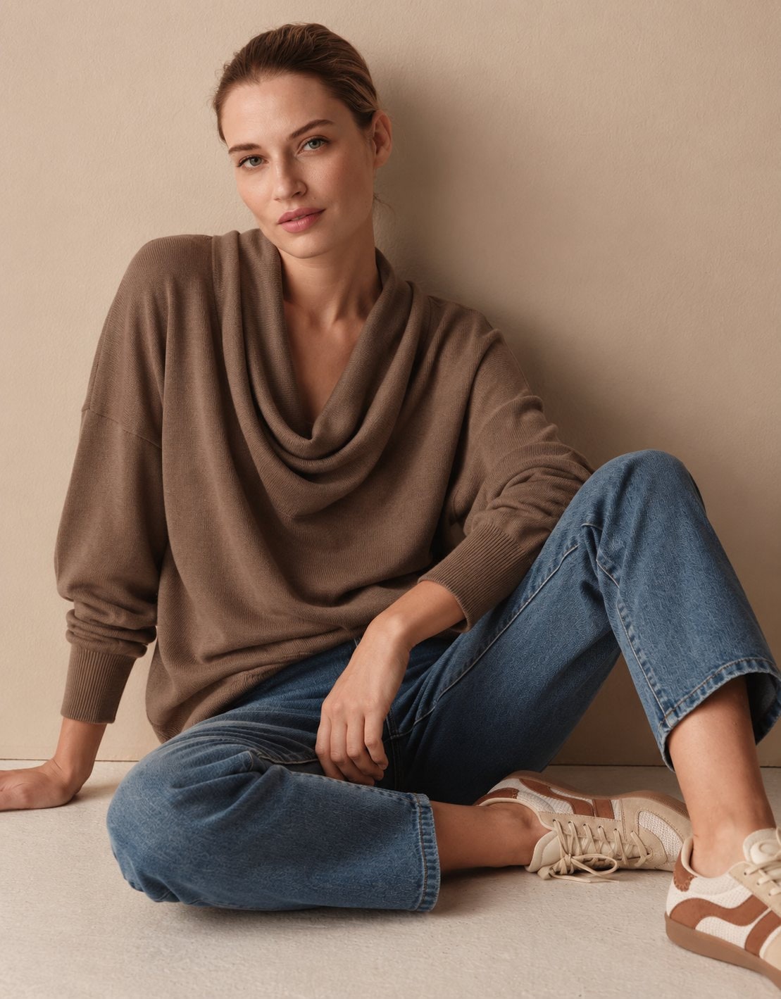 Brown cowl neck sweater styled with jeans