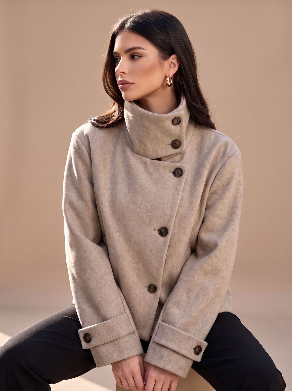 Woman wearing a beige cropped coat with stand collar