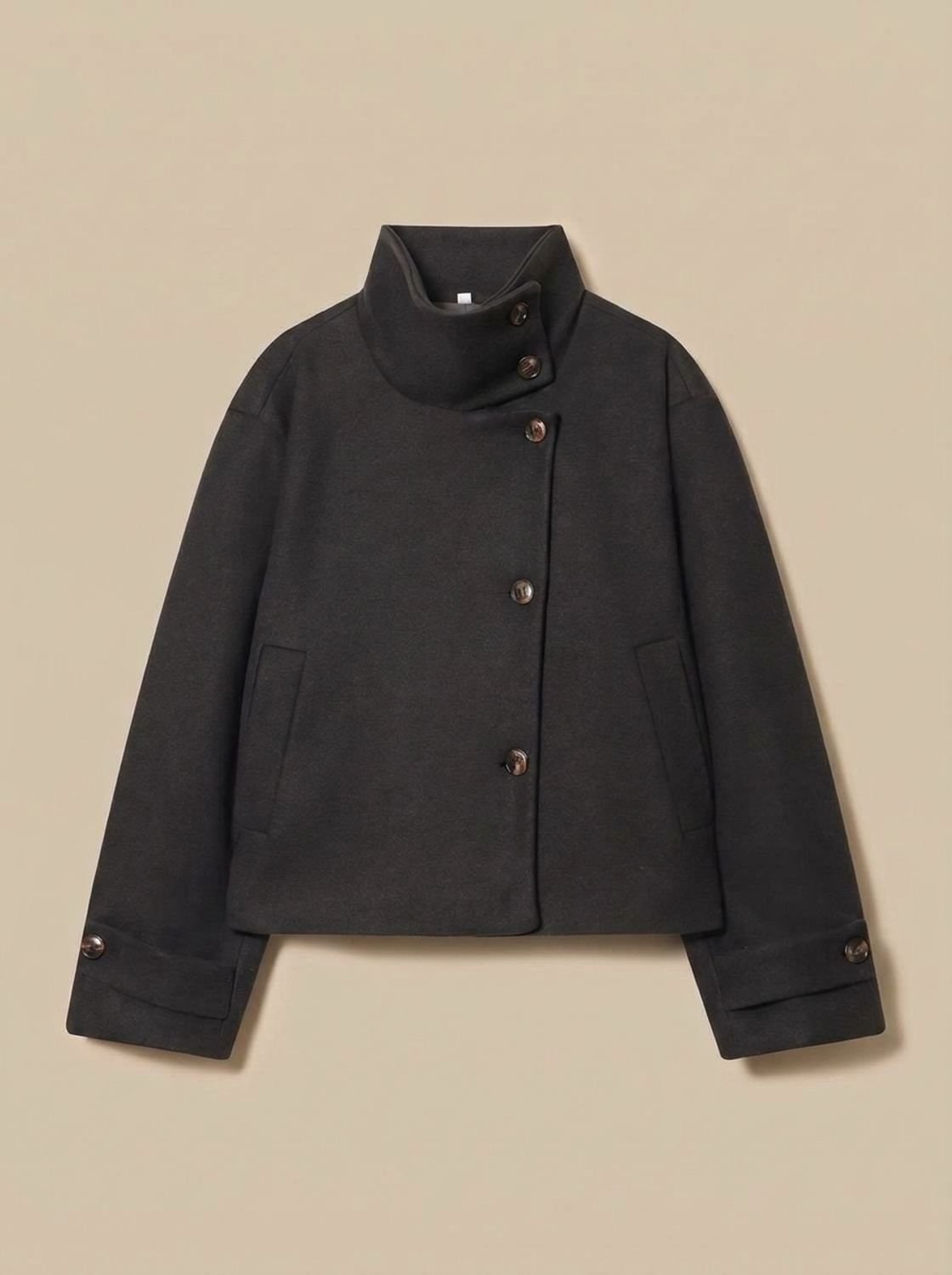 Black short coat with stand collar