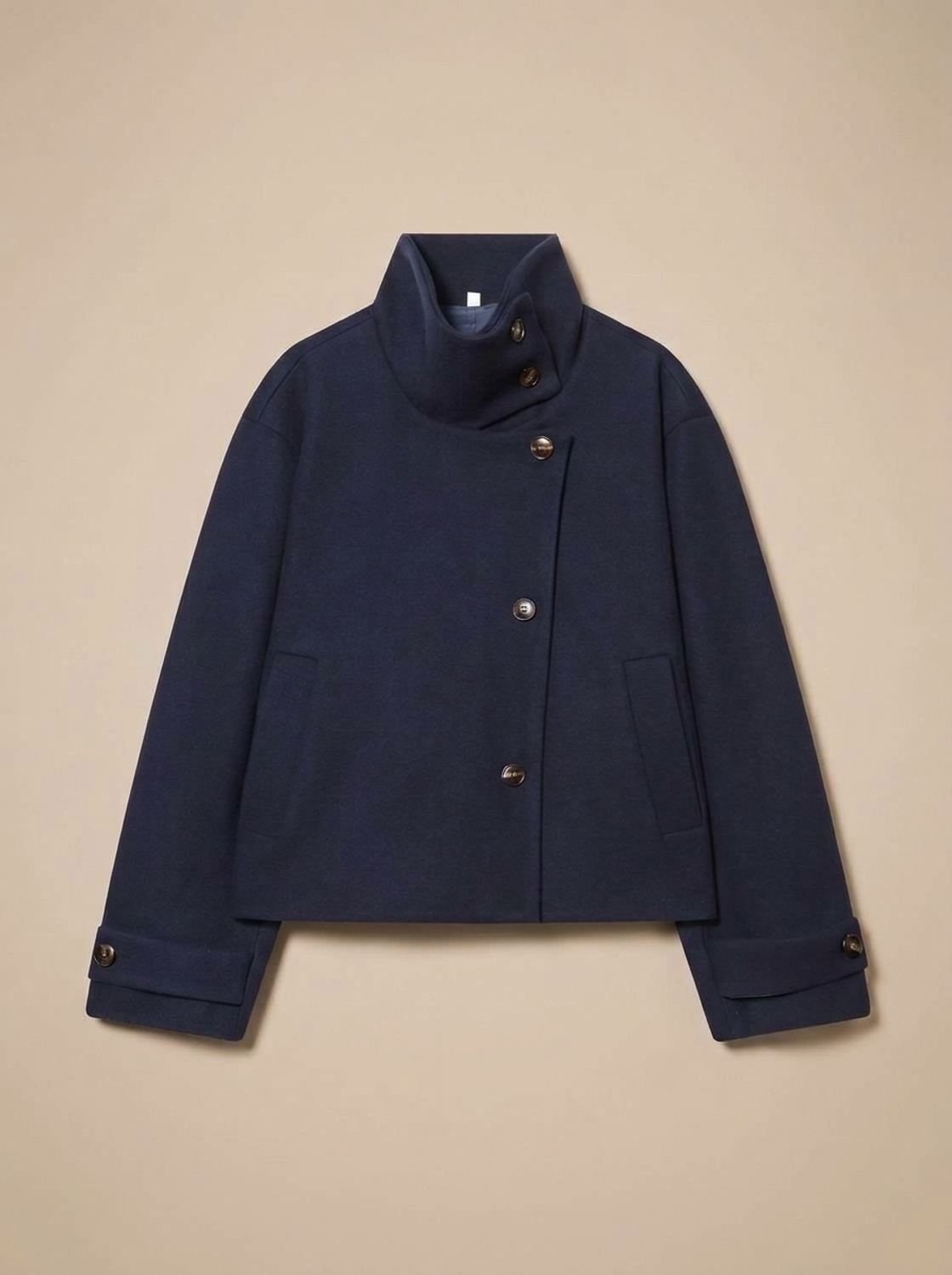 Dark blue short coat with stand collar