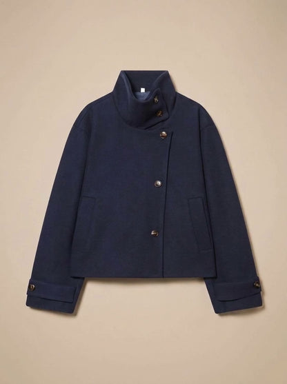 Dark blue short coat with stand collar
