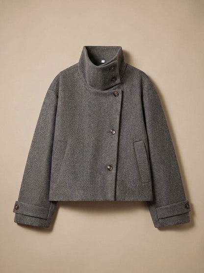 Grey short coat with stand collar