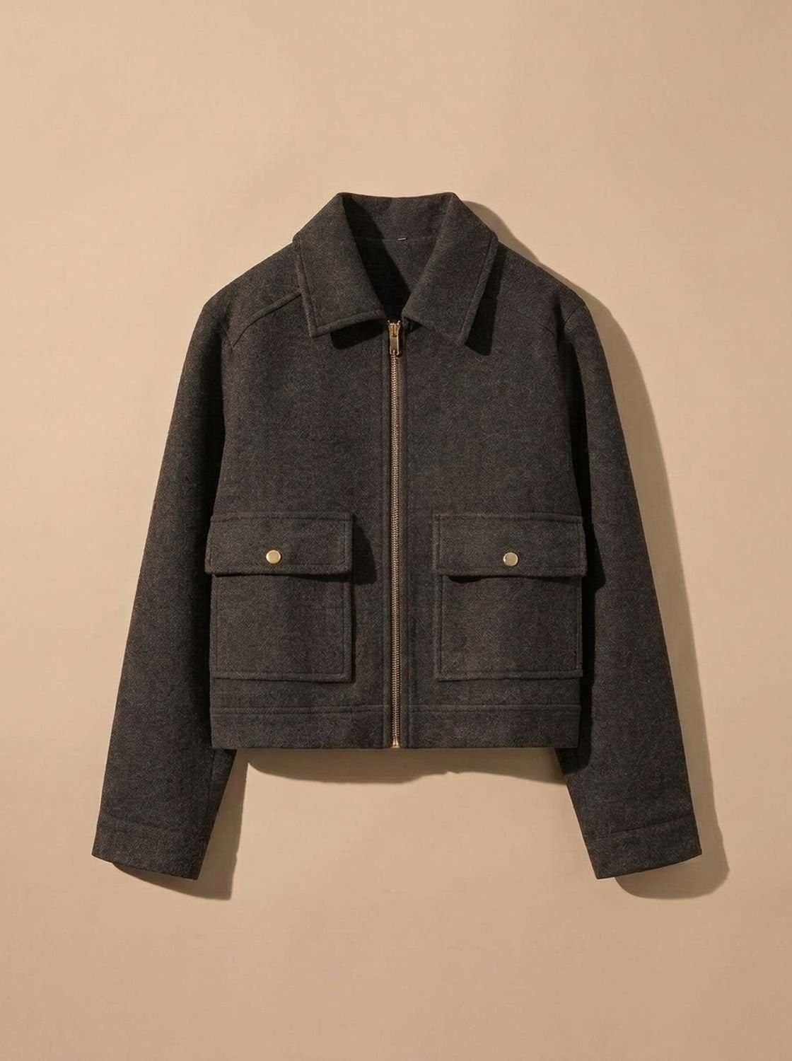 Grey black short coat with front flap pockets