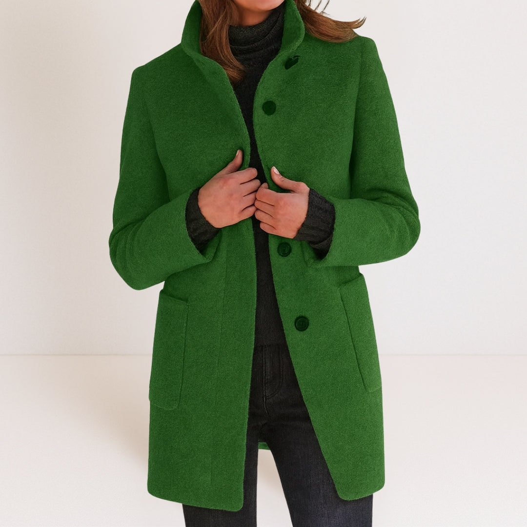 Green wool-look coat with stand collar