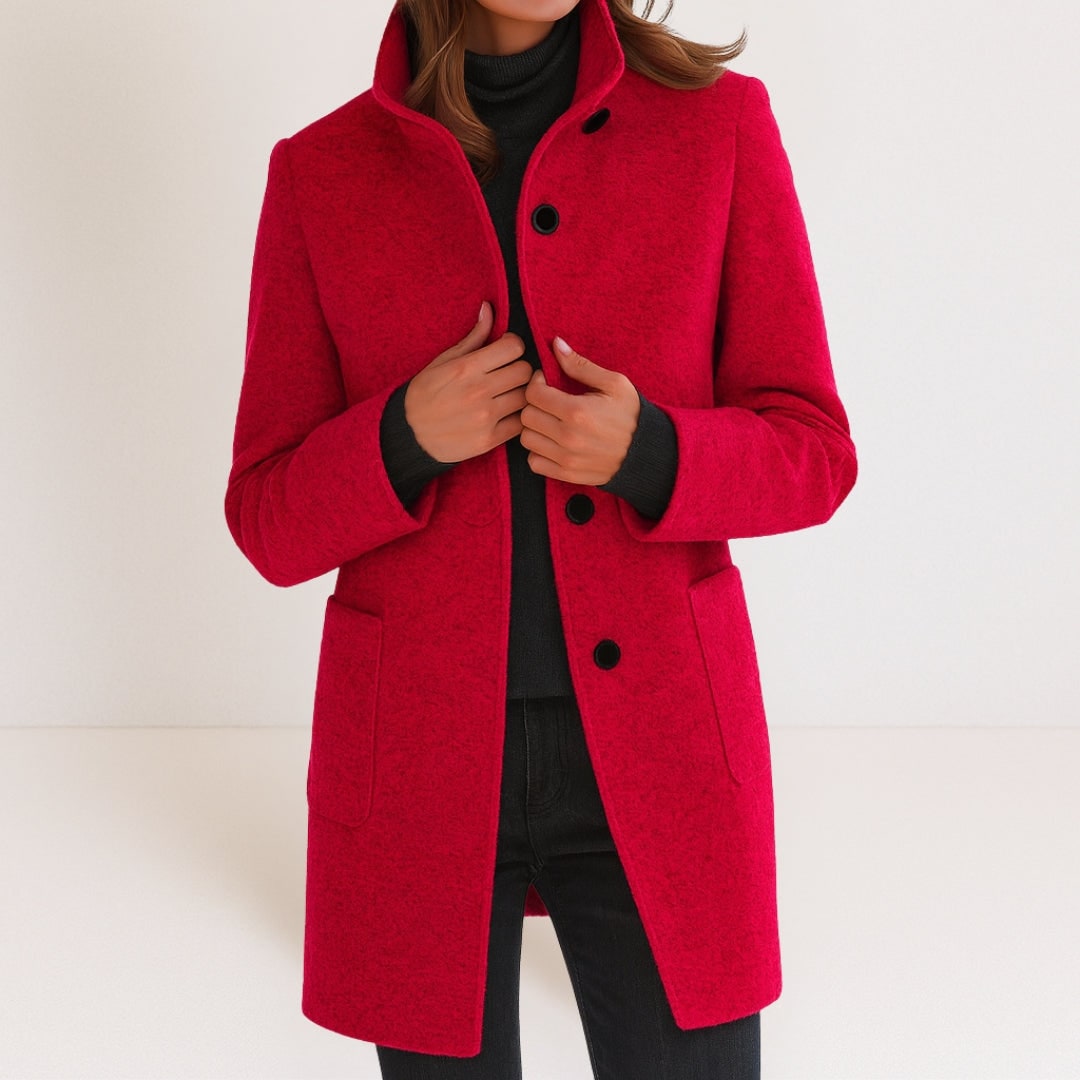 Red wool-look coat with stand collar
