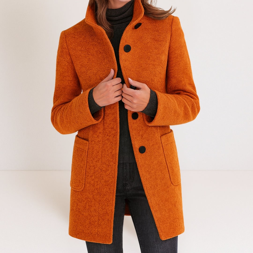Orange wool-look coat with stand collar